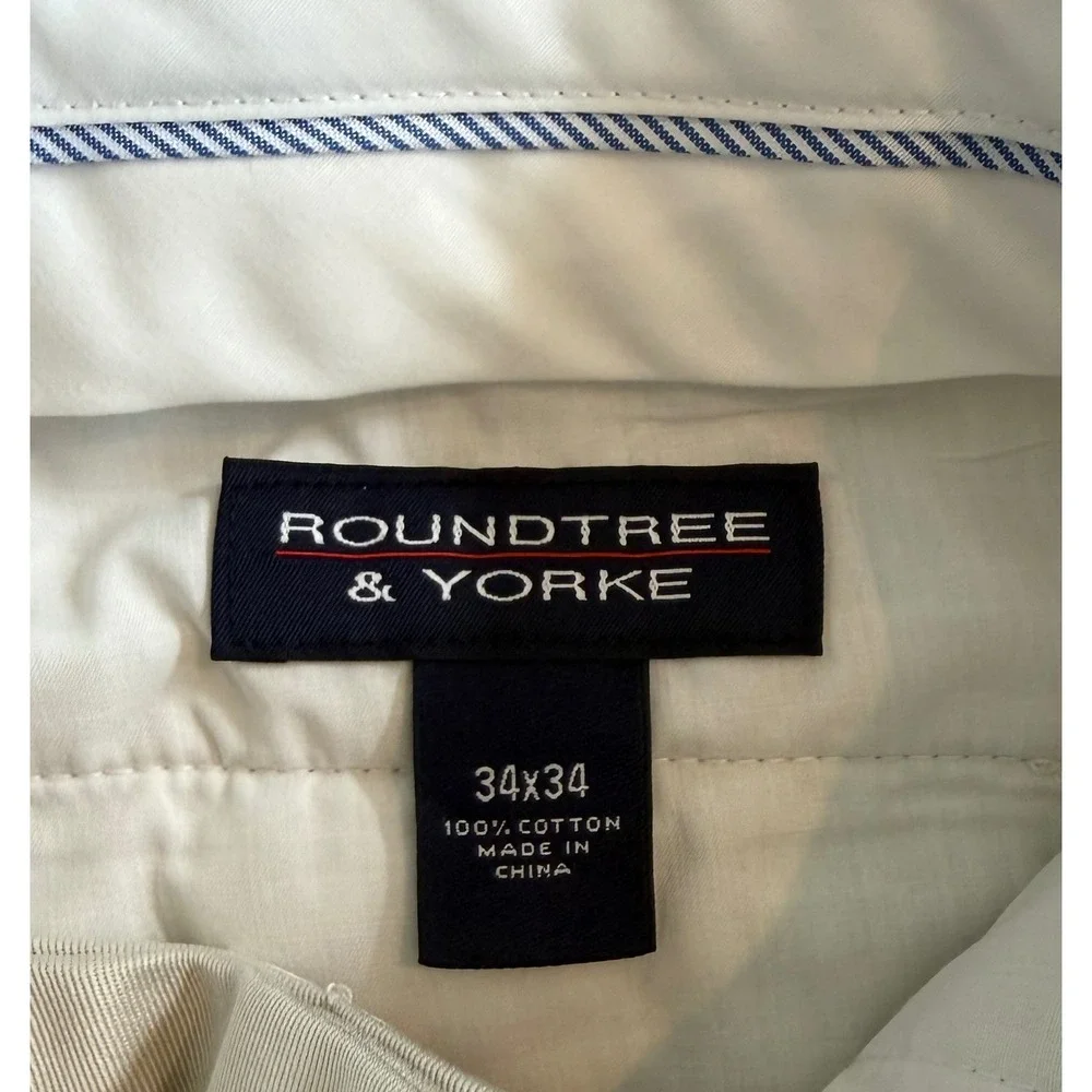 Roundtree & Yorke Mens Khaki Tan Pleated Cotton Dress Pants Chinos 34x34